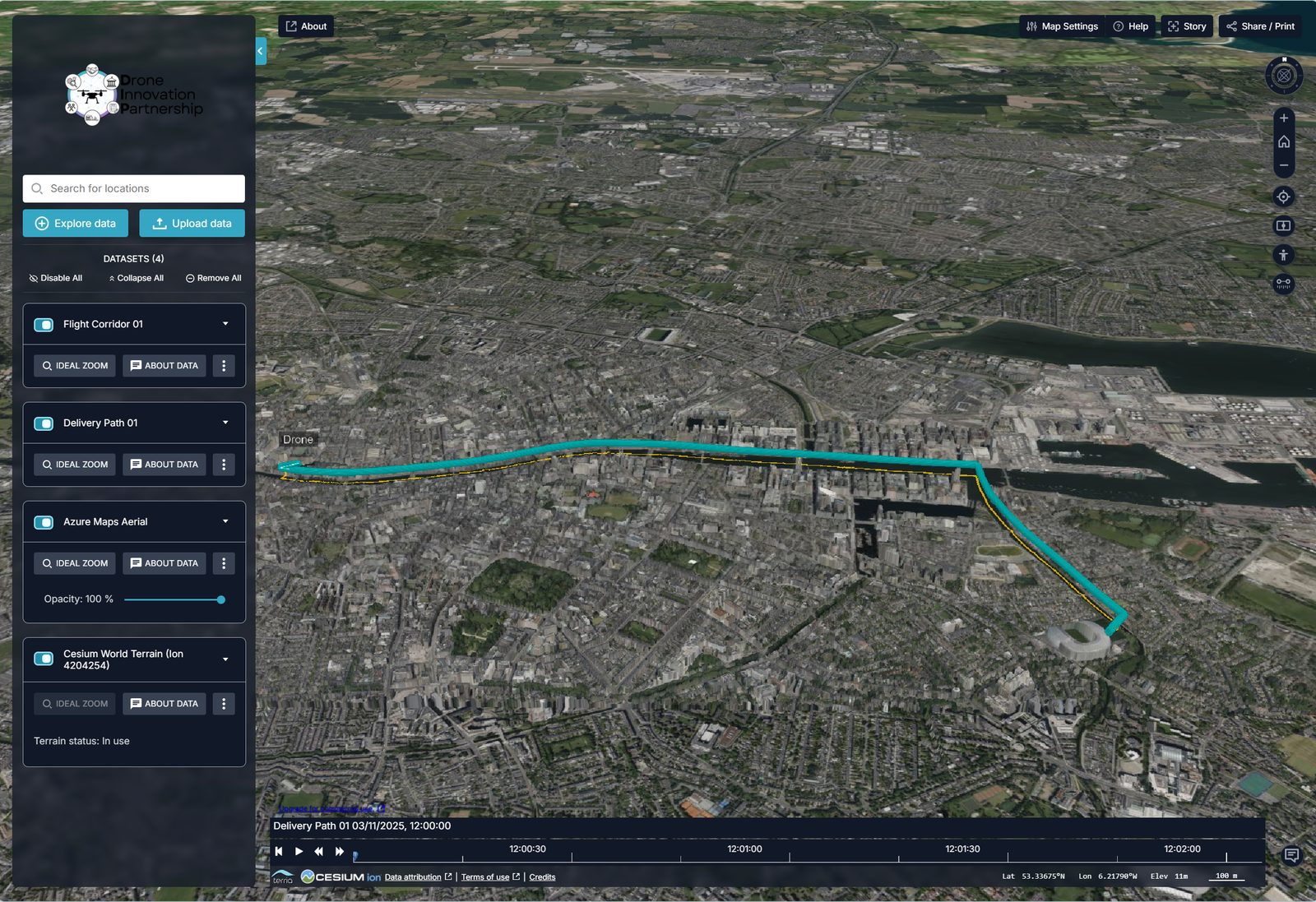 Three-dimensional view of Dublin with a planned drone route drawn along the river