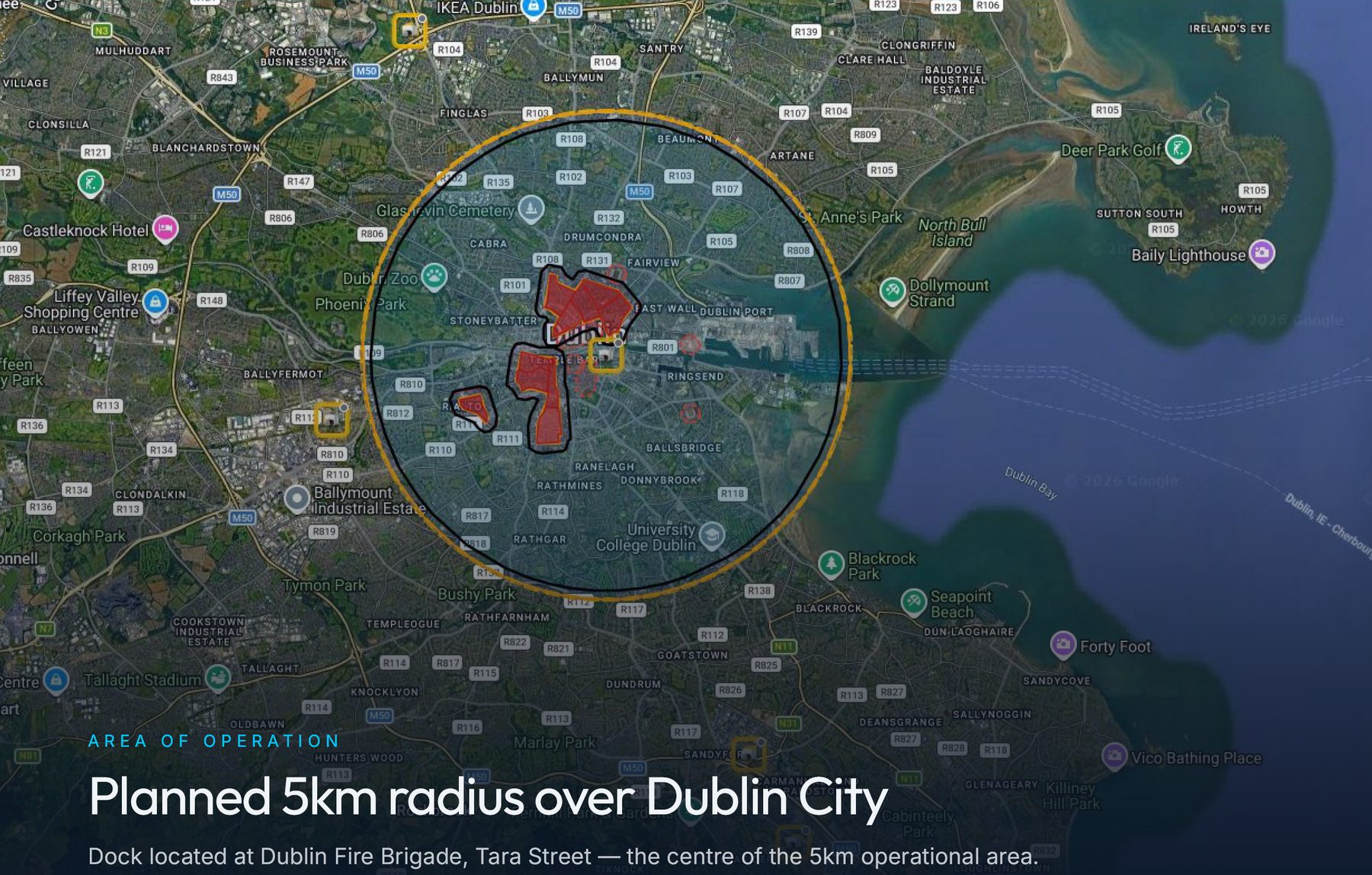 Map of the planned 5 km operational radius over Dublin City centred on Tara Street