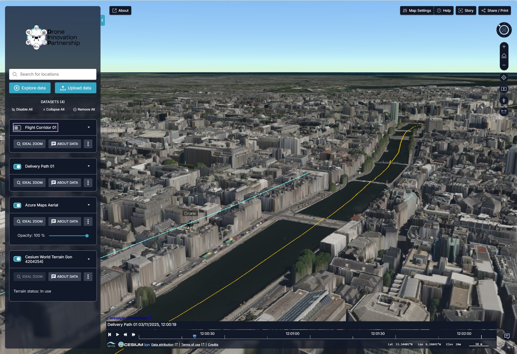 Three-dimensional digital twin view of central Dublin along the River Liffey
