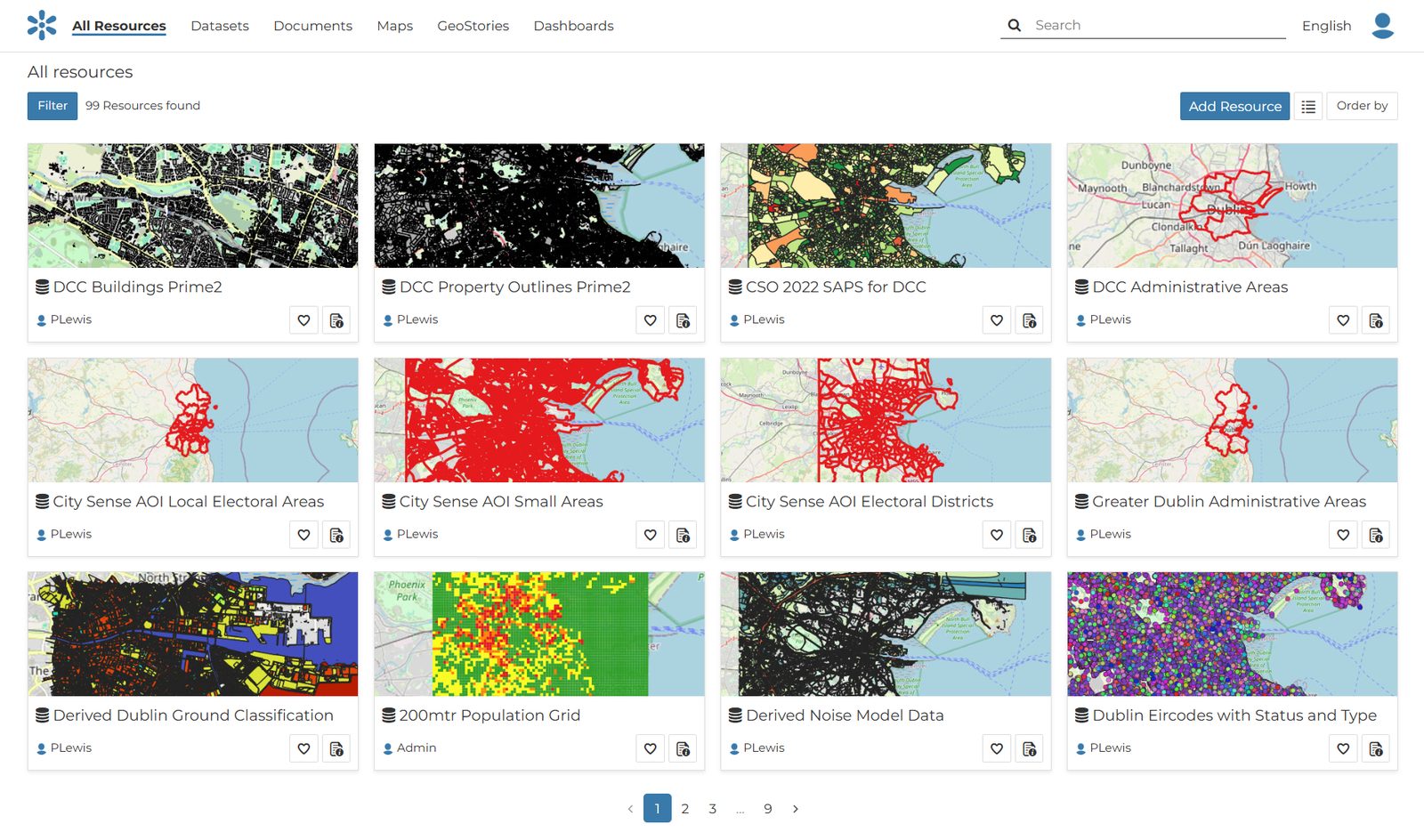 GeoNode data catalogue showing map thumbnails of Dublin datasets